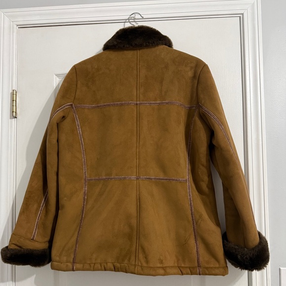 LADY HATHAWAY | Elegant Tan Teddy Jacket Faux Fur Trim Medium - Picture 2 of 11